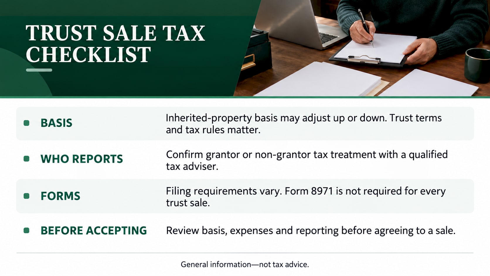 Trust sale tax checklist: verify basis, reporting treatment, required forms and advice before accepting an offer